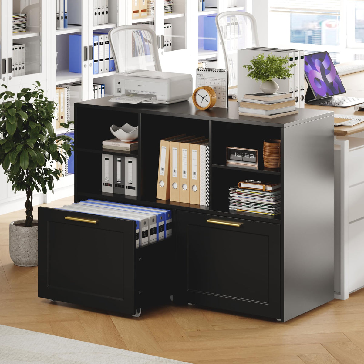 Black 2 Drawer Lateral File Cabinet with Open Storage Cubes S41310