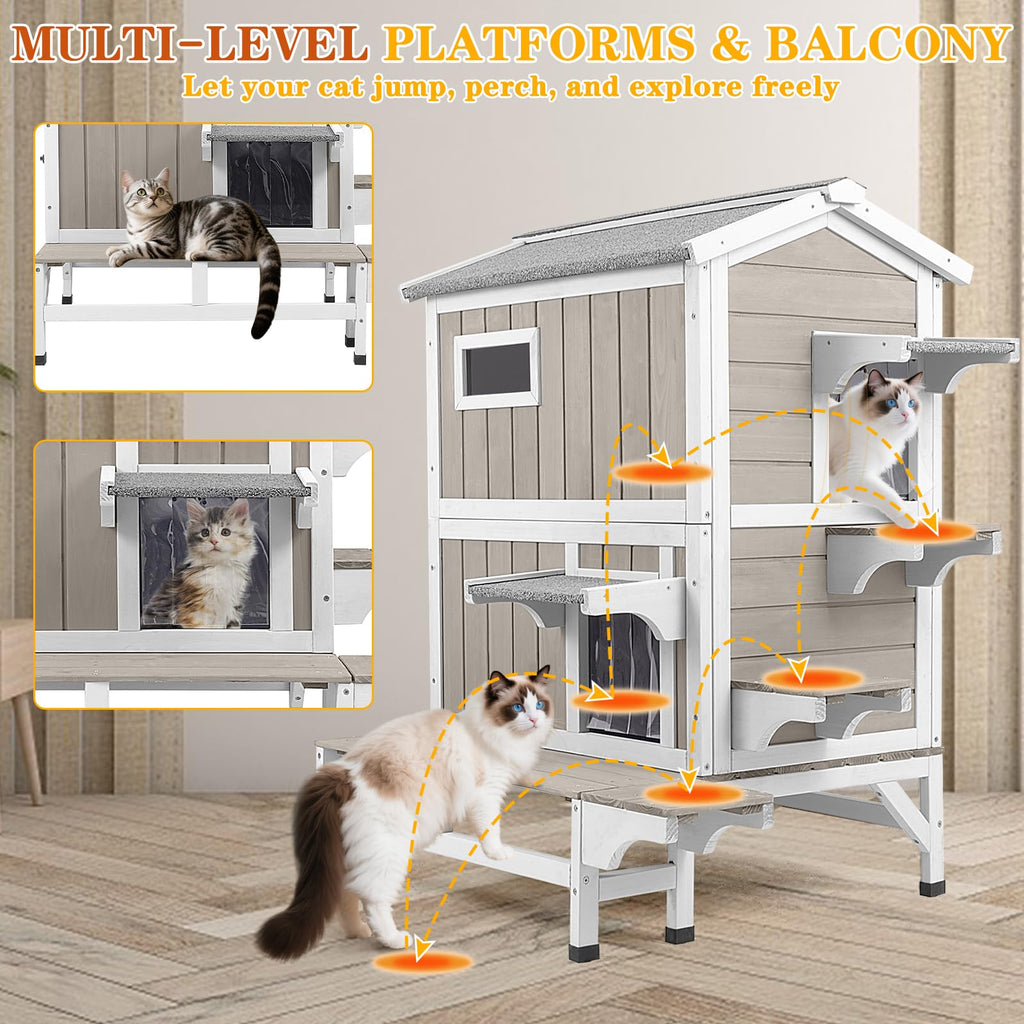 Insulated Outdoor Cat House 2-Story Wooden Shelter L410455