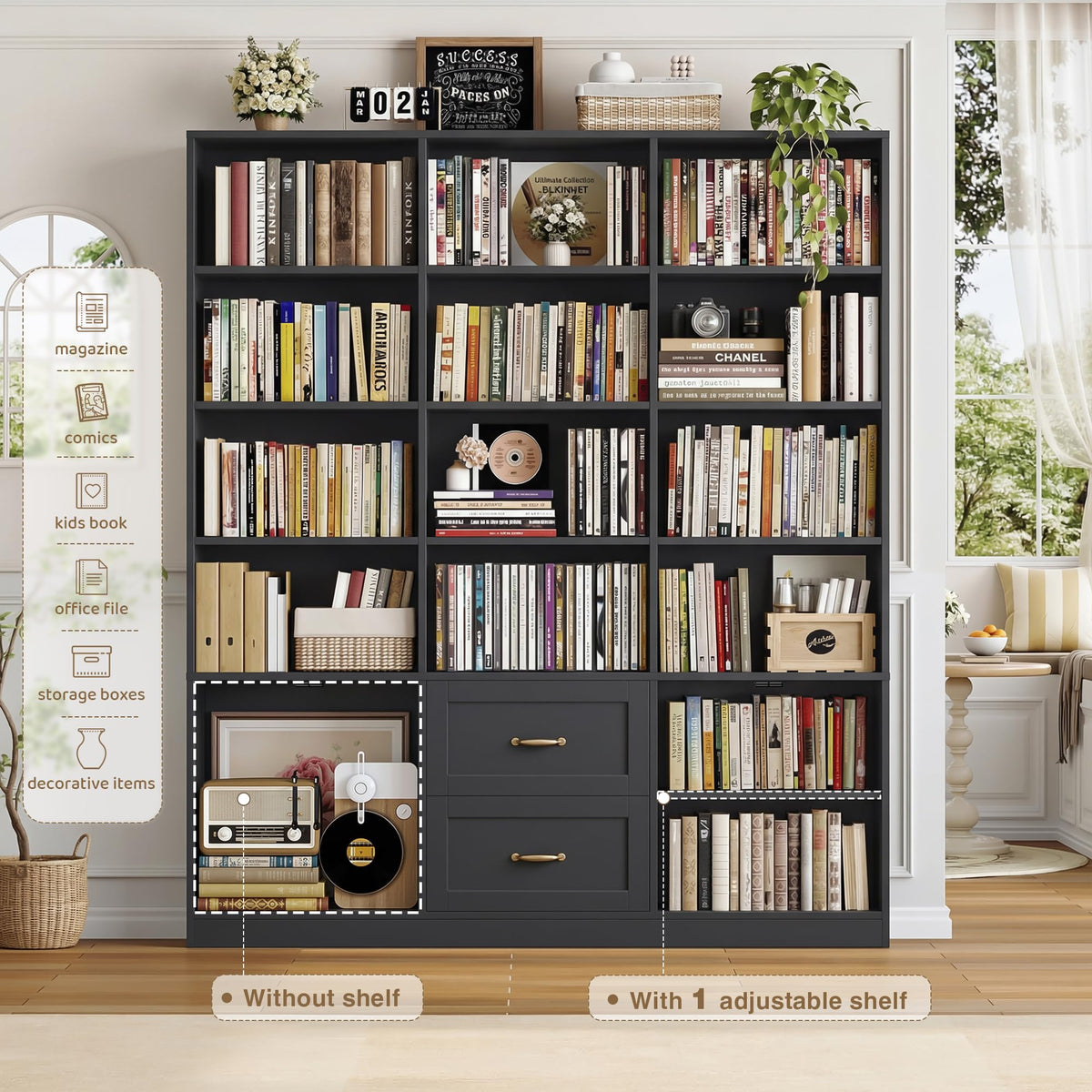 Black Tall Bookshelf with Storage Drawers & Doors U4794