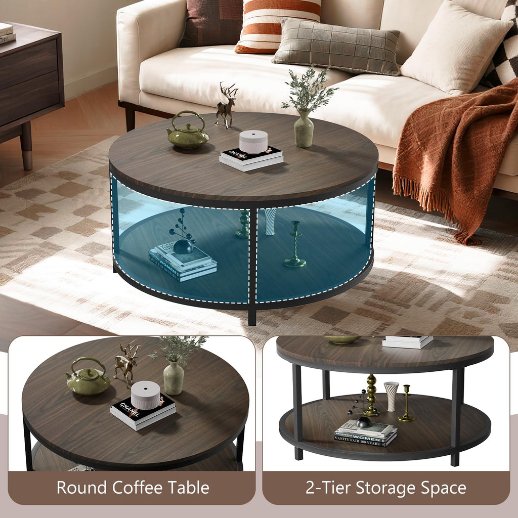 36" Round 2-Tier Coffee Table with Storage Shelf, Black Walnut Y44867