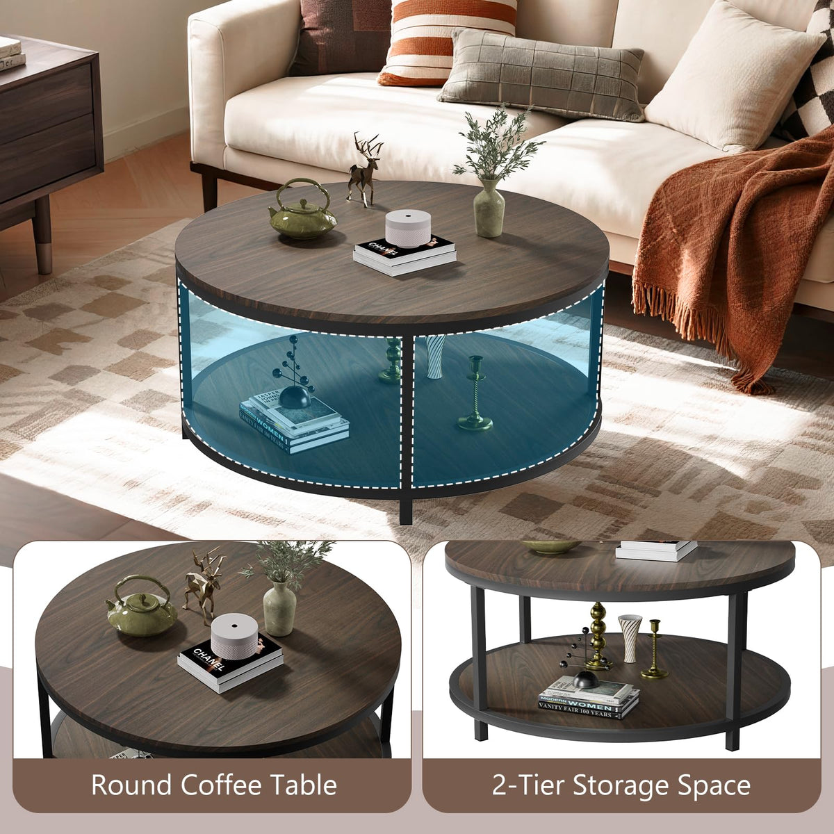 36" Round 2-Tier Coffee Table with Storage Shelf, Black Walnut Y44867