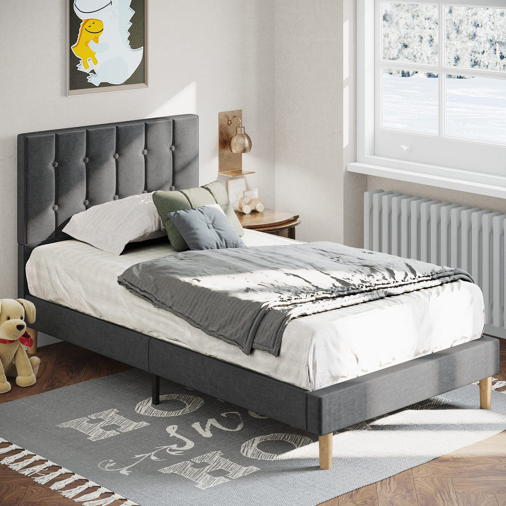 Grey Velvet Upholstered Twin Platform Bed Frame with Headboard R2296