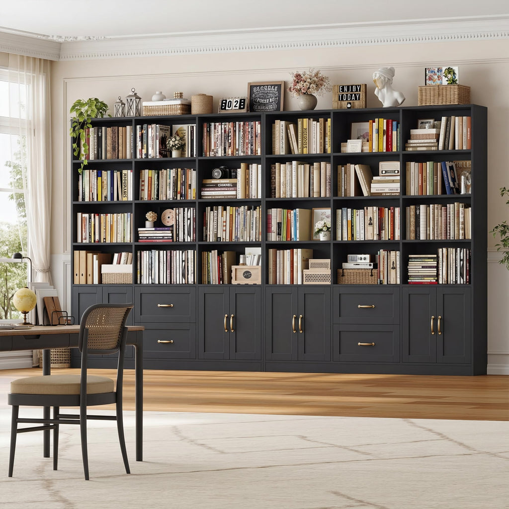 Black Tall Bookshelf with Storage Drawers & Doors U4794