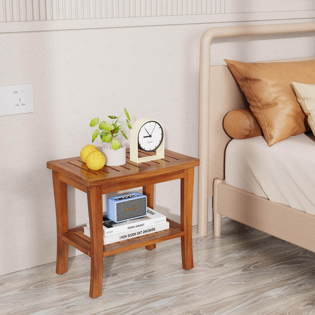 Teak Wood Shower Bench Stool with Storage Shelf O366666