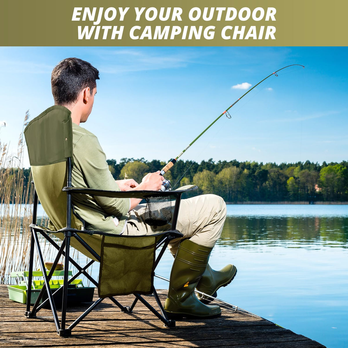 2 Pack Folding Camping Chairs with High Back, 300lbs Capacity, Green D324