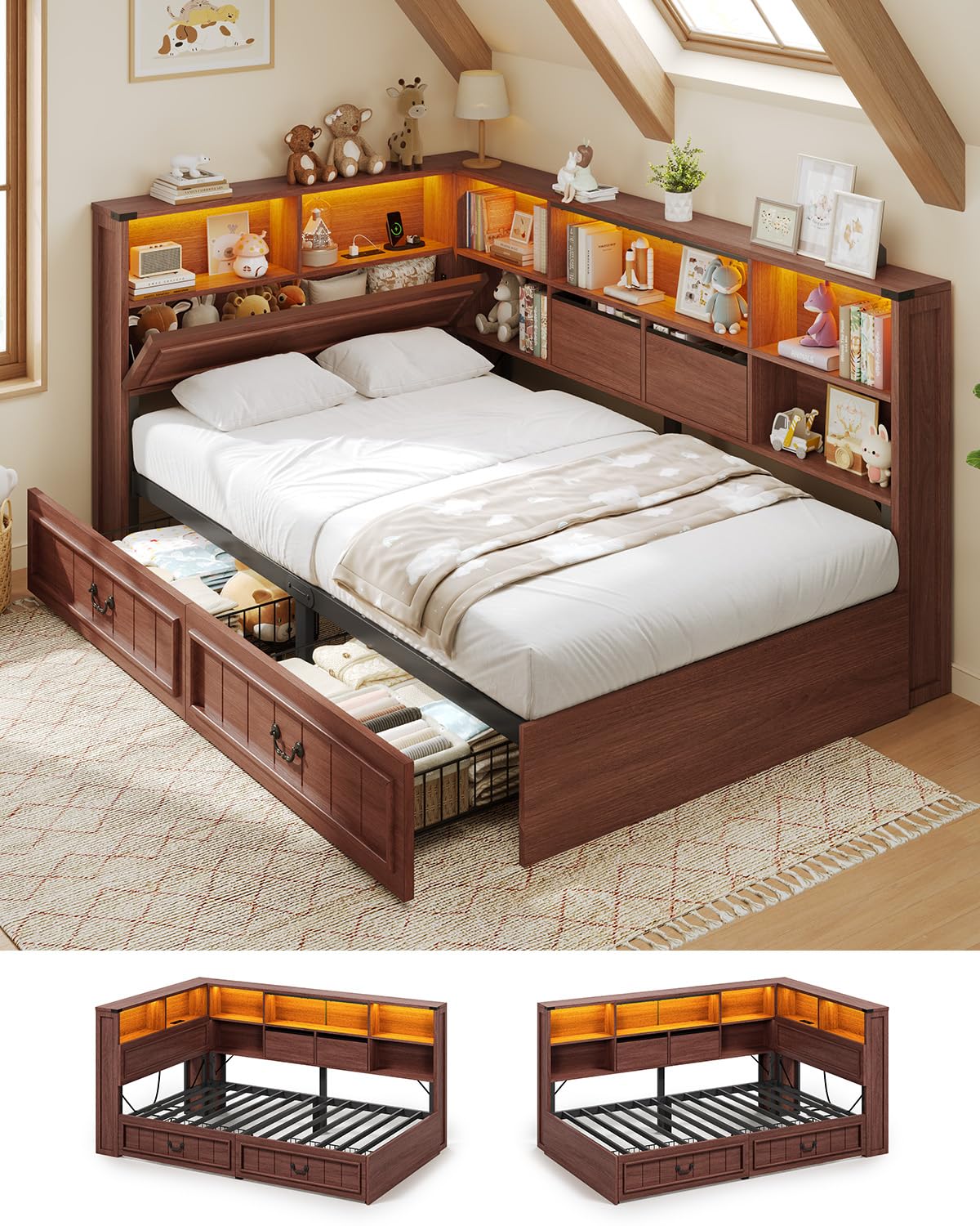 Twin Corner Bed Frame with Storage Drawers and Bookcase Y5513