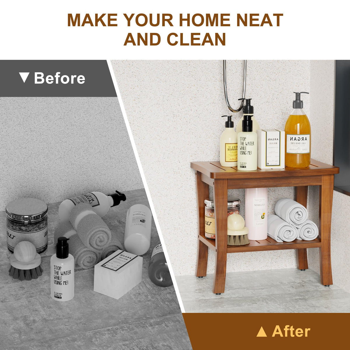 Teak Wood Shower Bench Stool with Storage Shelf O366666