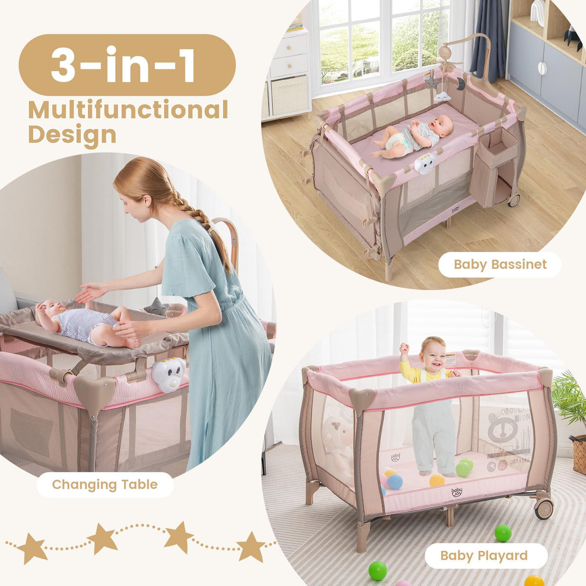 3 in 1 Pink Pack and Play with Bassinet N719