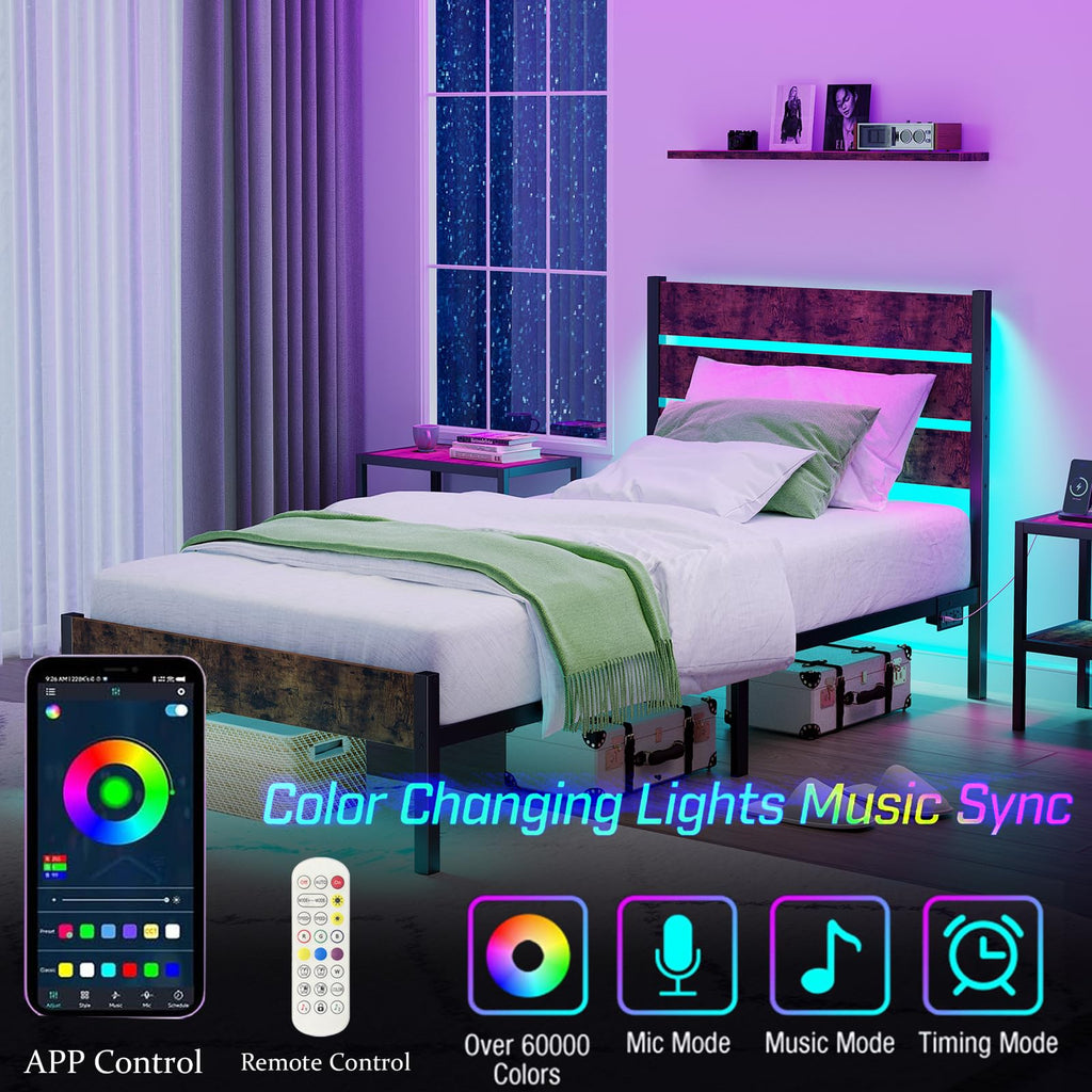 Twin Size Bed Frame with LED Light & Charging Station H213