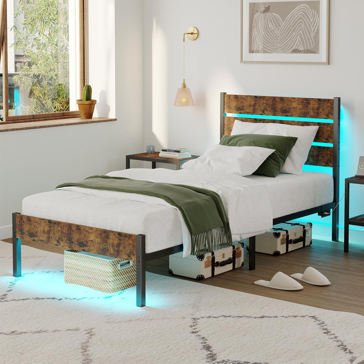 Twin Size Bed Frame with LED Light & Charging Station H213