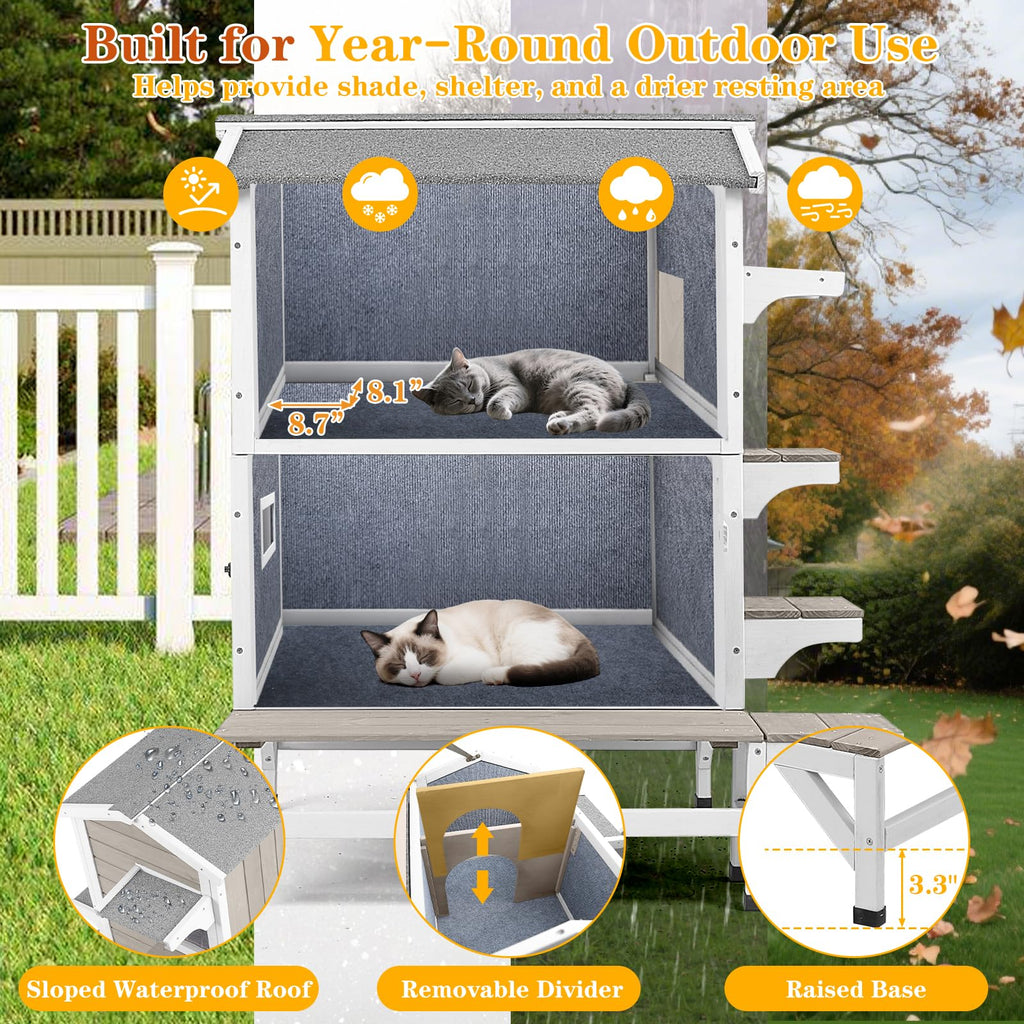 Insulated Outdoor Cat House 2-Story Wooden Shelter L410455
