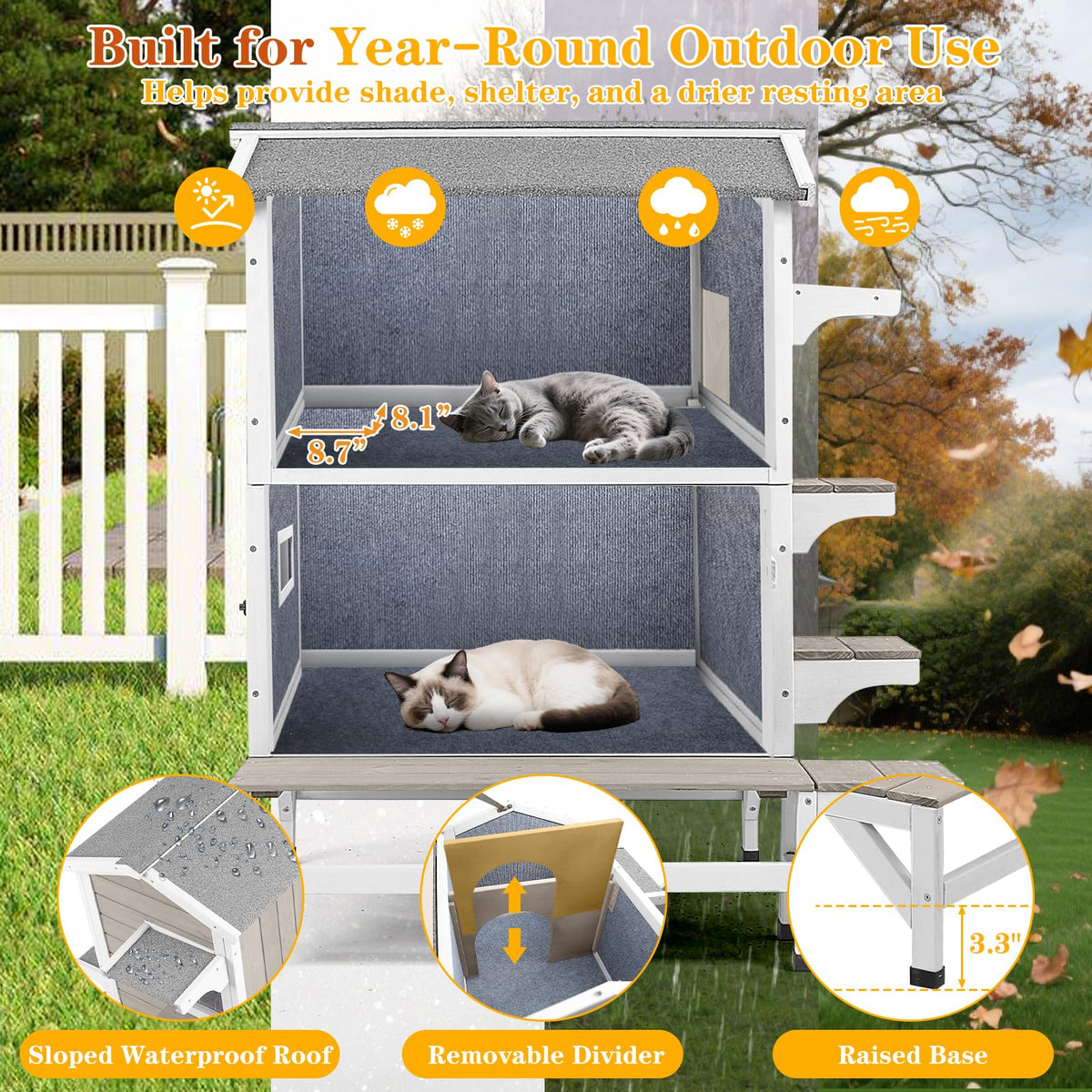 Insulated Outdoor Cat House 2-Story Wooden Shelter L410455