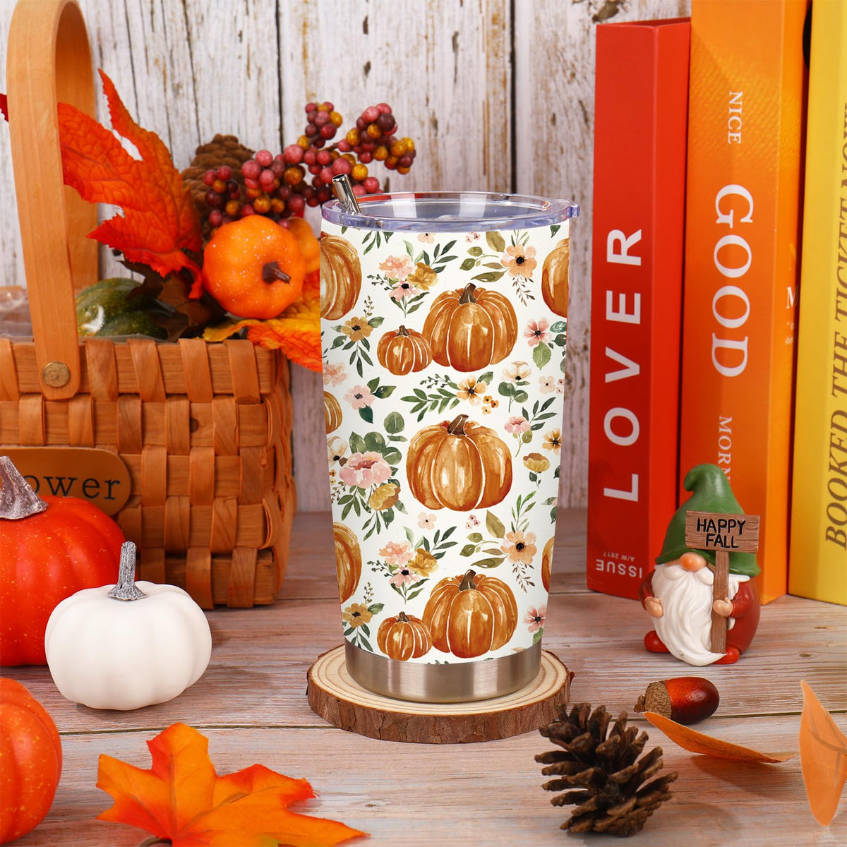 20 Oz Floral Pumpkin Tumbler with Lid Straw T7951