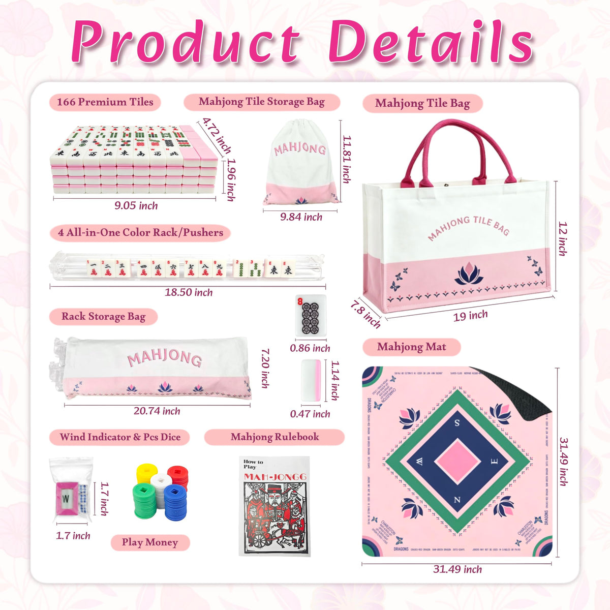 Pink Mahjong Game Set with 166 Tiles, Mat, 4 Racks and Bag X775308