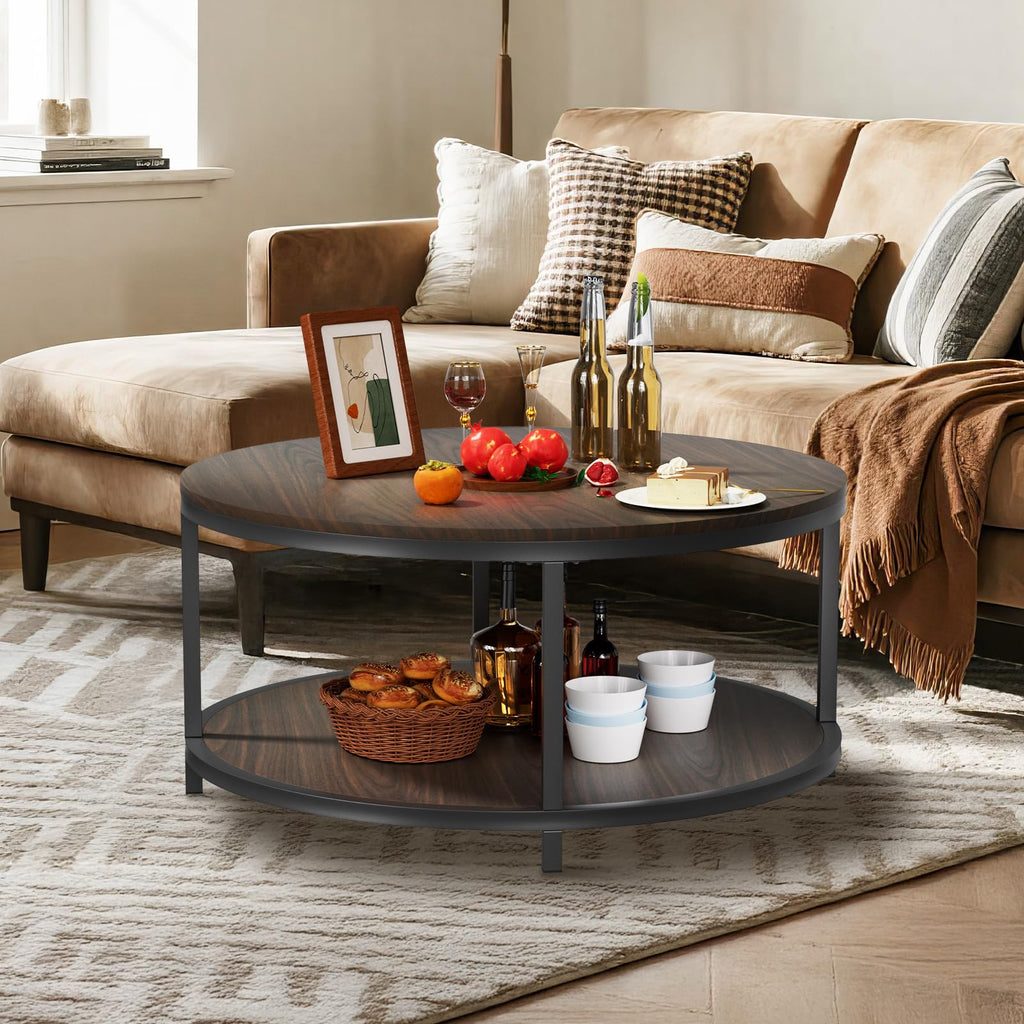 36" Round 2-Tier Coffee Table with Storage Shelf, Black Walnut Y44867