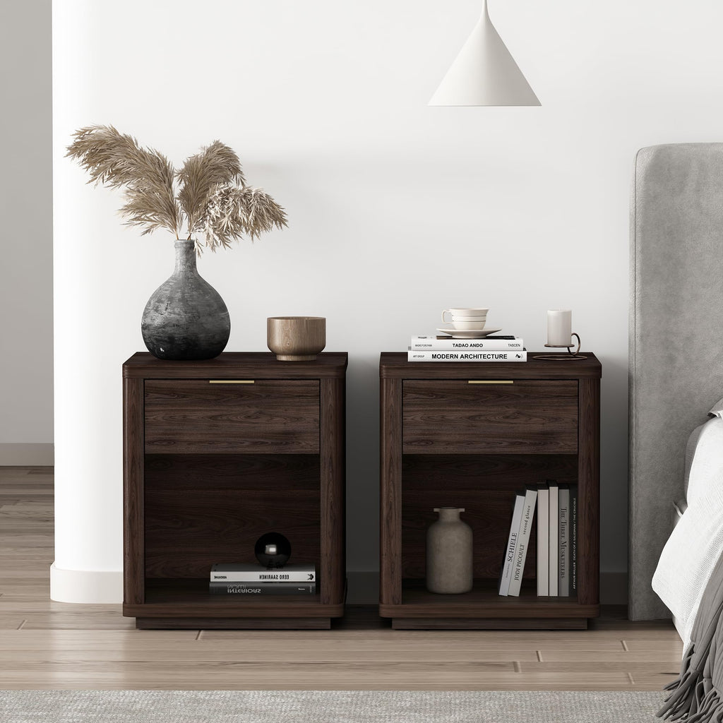 Brown Set of 2 Nightstands with Drawer and Open Shelf T282
