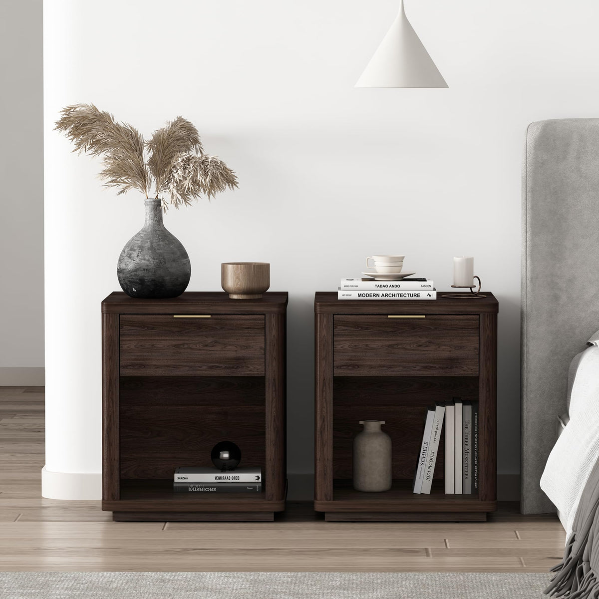 Brown Set of 2 Nightstands with Drawer and Open Shelf T282