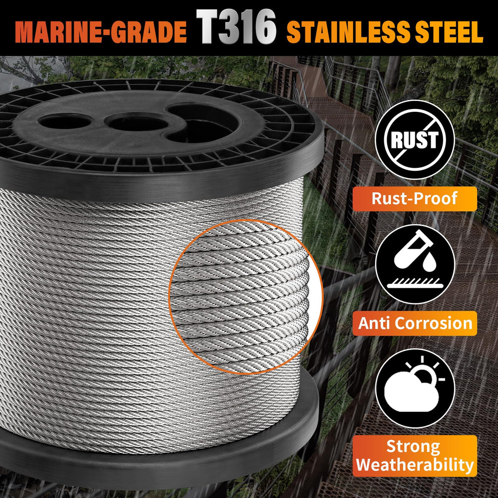 Stainless Steel 500FT 1/8" T316 Wire Rope Cable S375859
