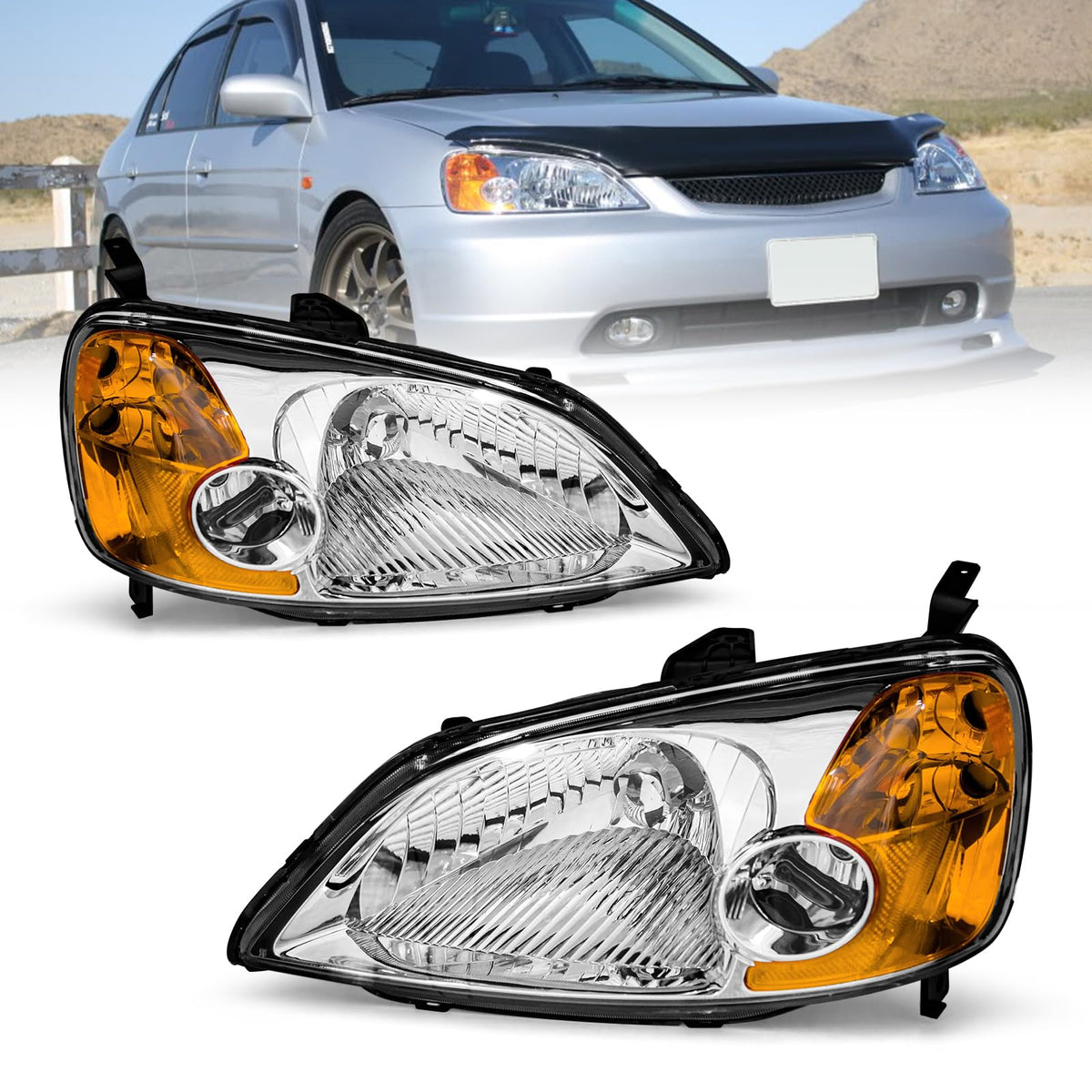 Headlight Assembly with Chrome Housing Amber Reflector Driver and Passenger Side F82462