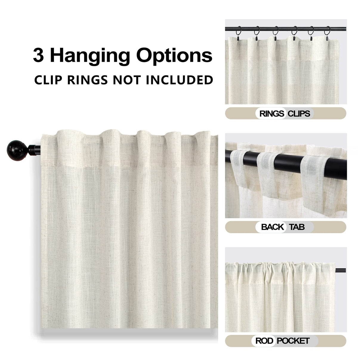 72 Inch Extra Wide Cream Semi Sheer Linen Curtains 2 Panels Set T726