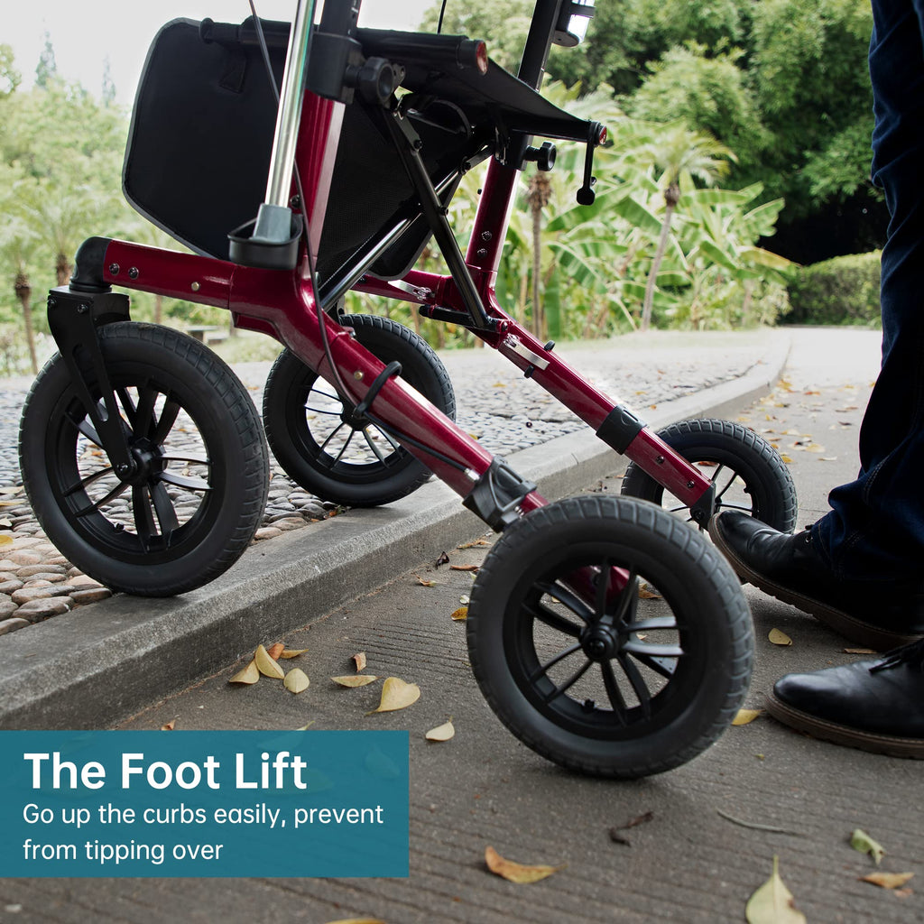 All-Terrain Rollator Walker with 12” Front Wheels, Compact Folding, Red M290