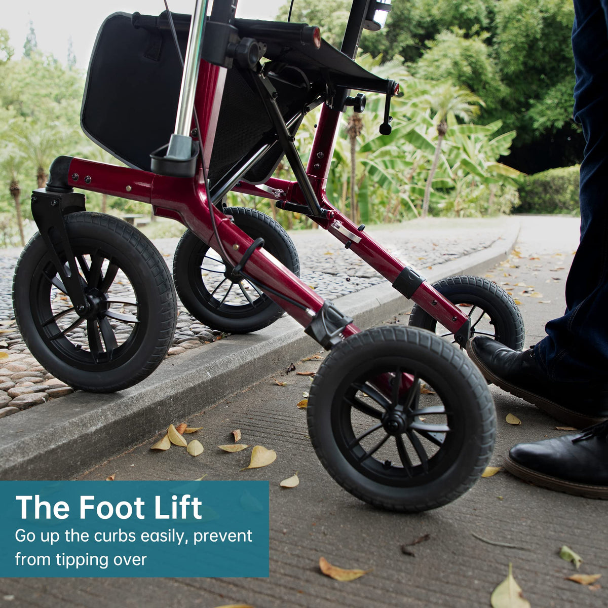 All-Terrain Rollator Walker with 12” Front Wheels, Compact Folding, Red M290