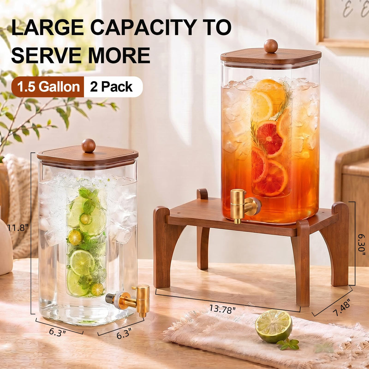 2 Pcs 1.5 Gallon Square Glass Drink Dispenser with Wooden Stand and Stainless Steel Spigot M383