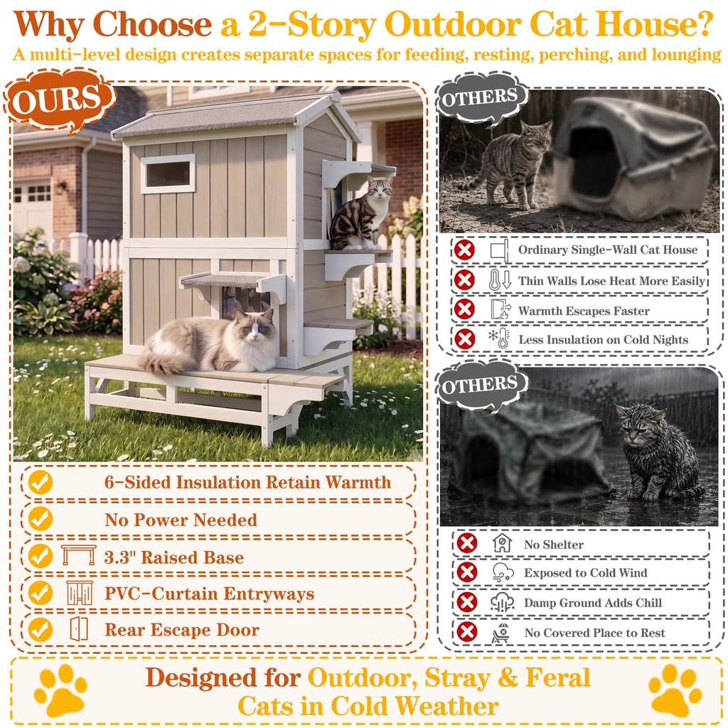 Insulated Outdoor Cat House 2-Story Wooden Shelter L410455