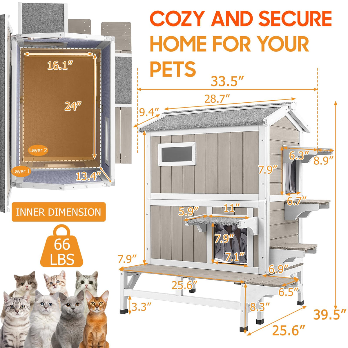Insulated Outdoor Cat House 2-Story Wooden Shelter L410455