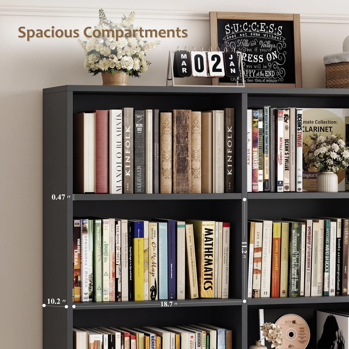 Black Tall Bookshelf with Storage Drawers & Doors U4794