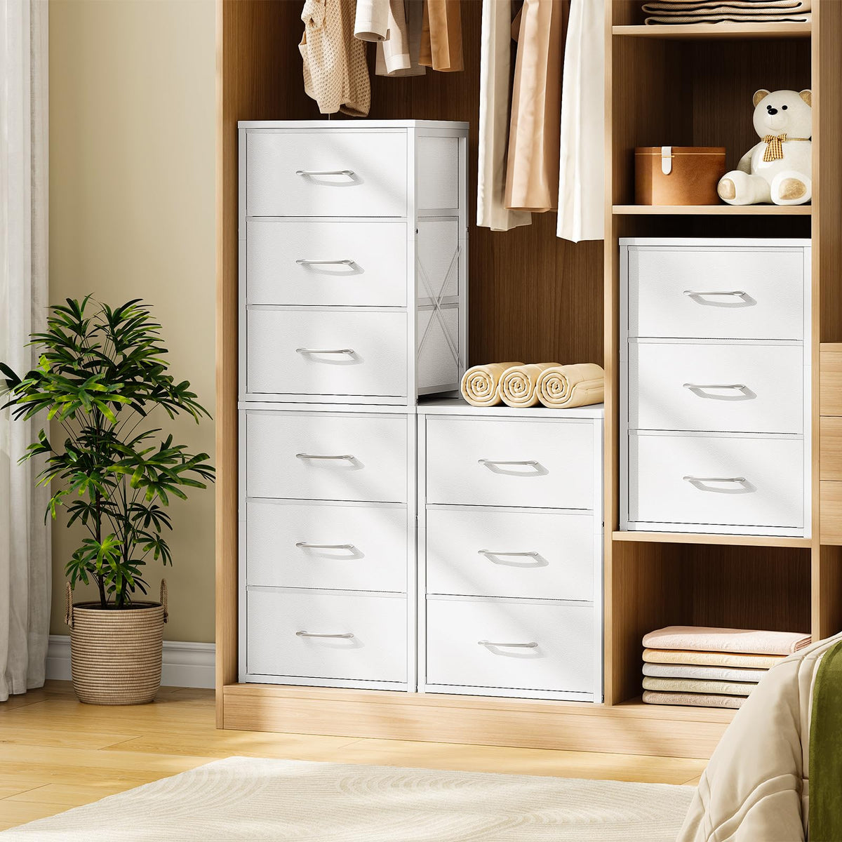 White 3 Drawer Fabric Storage Dresser with Wooden Top P5317
