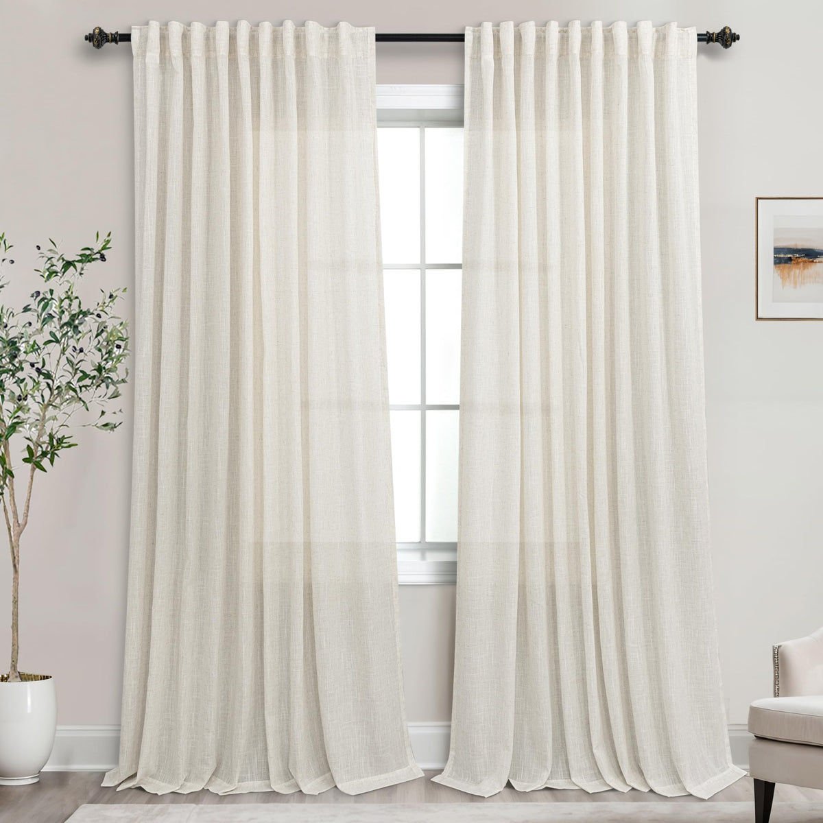 72 Inch Extra Wide Cream Semi Sheer Linen Curtains 2 Panels Set T726