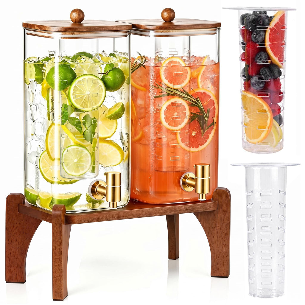 2 Pcs 1.5 Gallon Square Glass Drink Dispenser with Wooden Stand and Stainless Steel Spigot M383