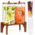 2 Pcs 1.5 Gallon Square Glass Drink Dispenser with Wooden Stand and Stainless Steel Spigot M383
