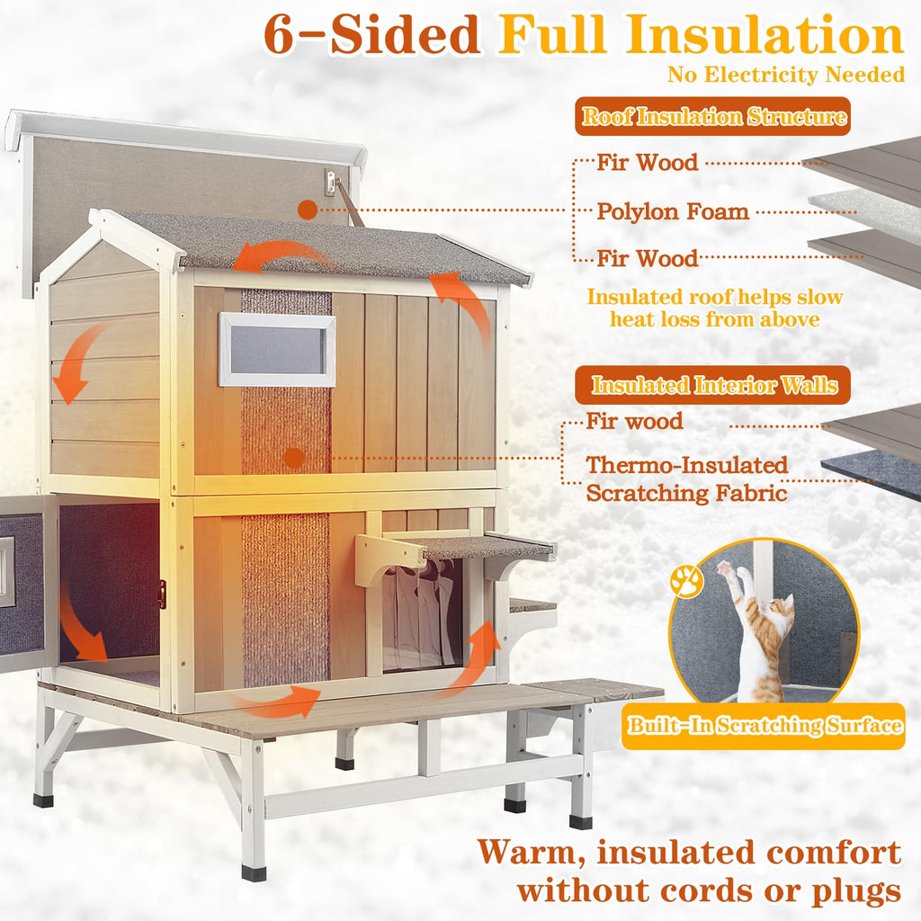 Insulated Outdoor Cat House 2-Story Wooden Shelter L410455