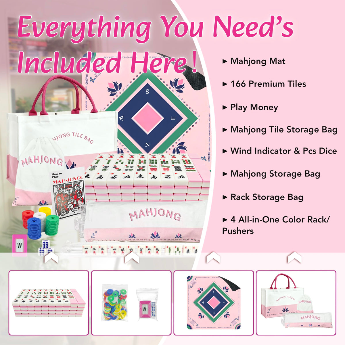 Pink Mahjong Game Set with 166 Tiles, Mat, 4 Racks and Bag X775308