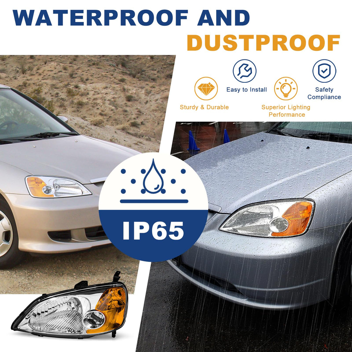 Headlight Assembly with Chrome Housing Amber Reflector Driver and Passenger Side F82462