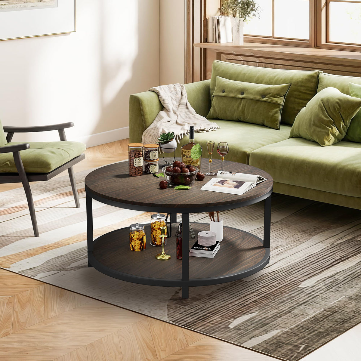 36" Round 2-Tier Coffee Table with Storage Shelf, Black Walnut Y44867