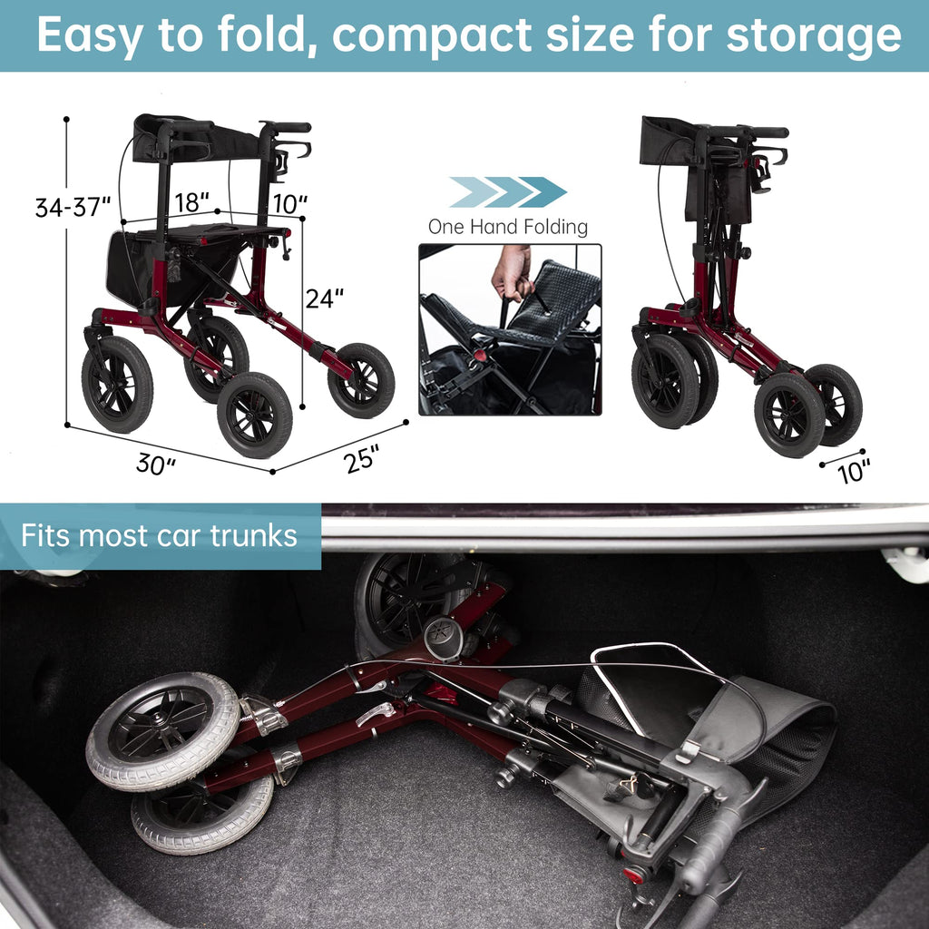 All-Terrain Rollator Walker with 12” Front Wheels, Compact Folding, Red M290