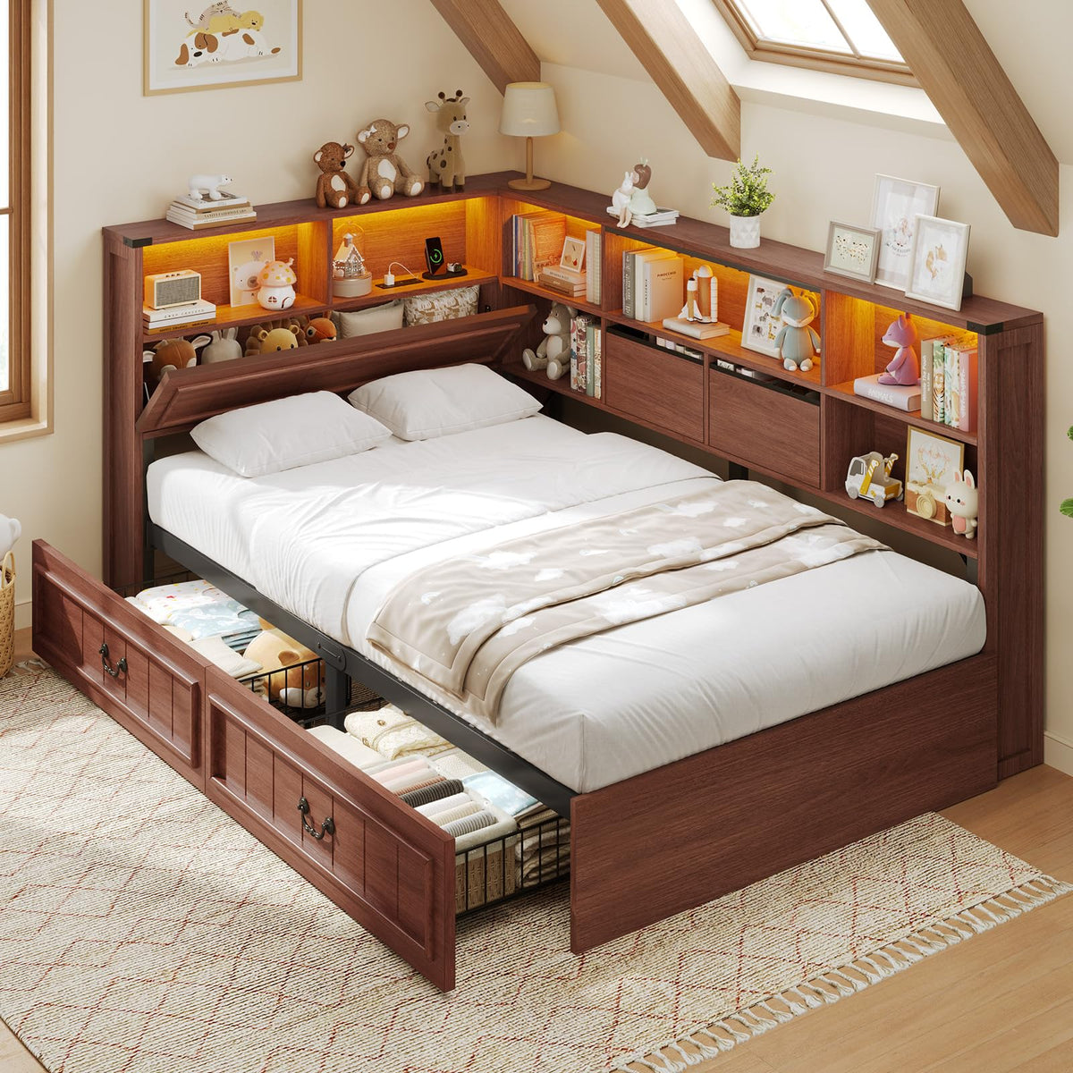 Twin Corner Bed Frame with Storage Drawers and Bookcase Y5513