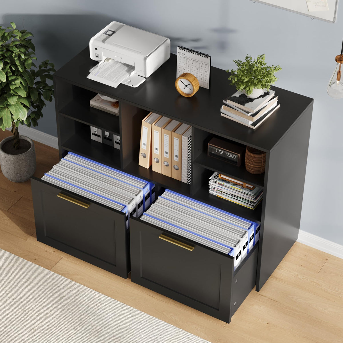 Black 2 Drawer Lateral File Cabinet with Open Storage Cubes S41310