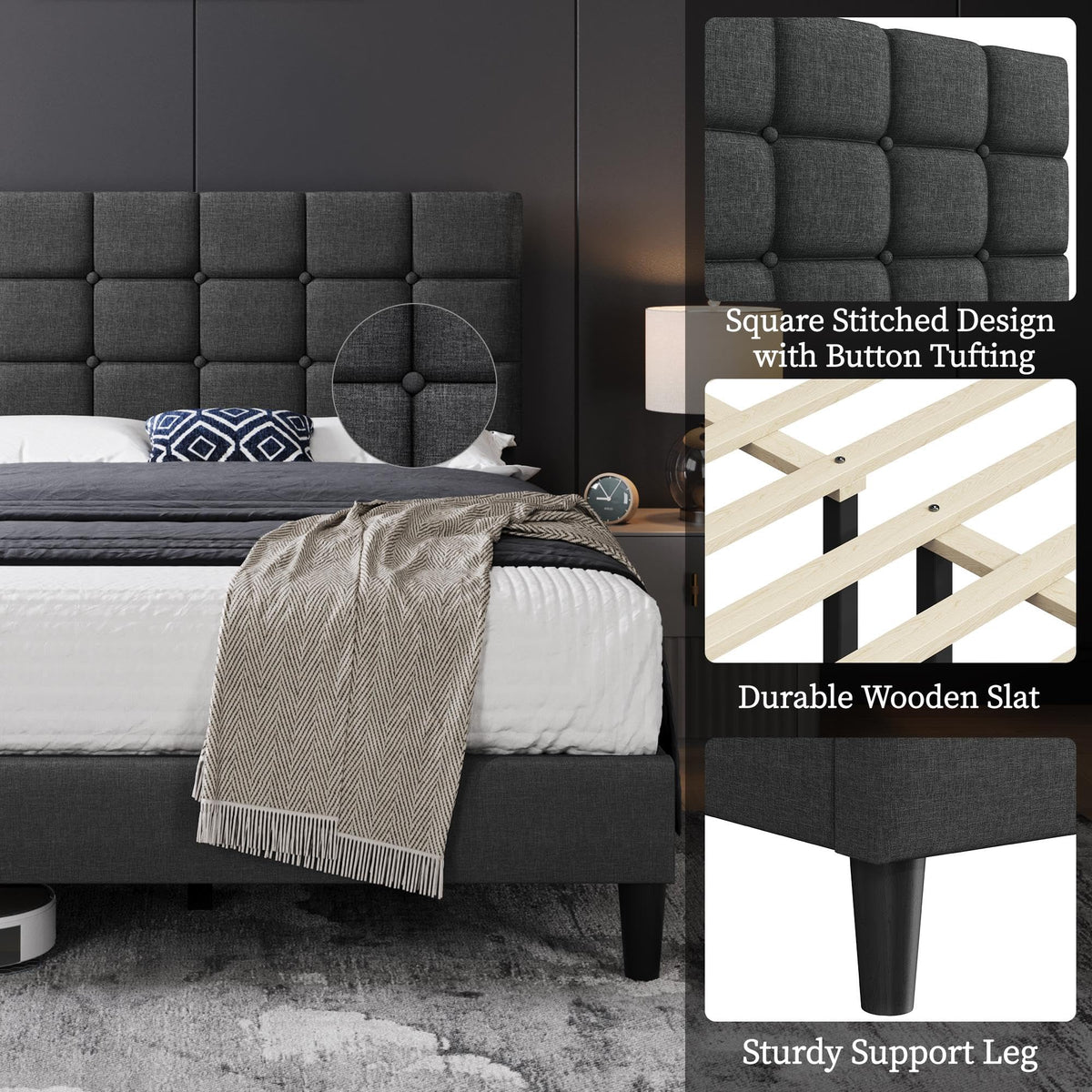 Full Size Upholstered Tufted Bed Frame with Headboard Q96515