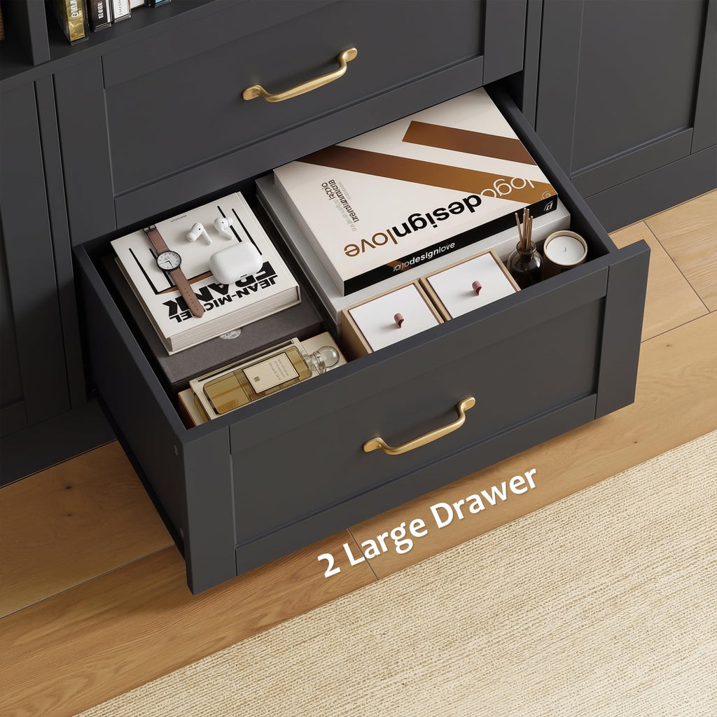 Black Tall Bookshelf with Storage Drawers & Doors U4794