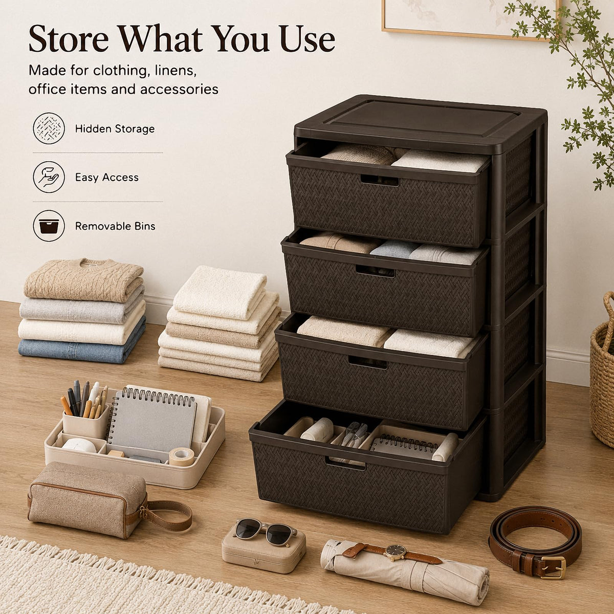 4 Drawer Brown Plastic Storage Tower S543