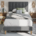 Grey Velvet Upholstered Twin Platform Bed Frame with Headboard R2296