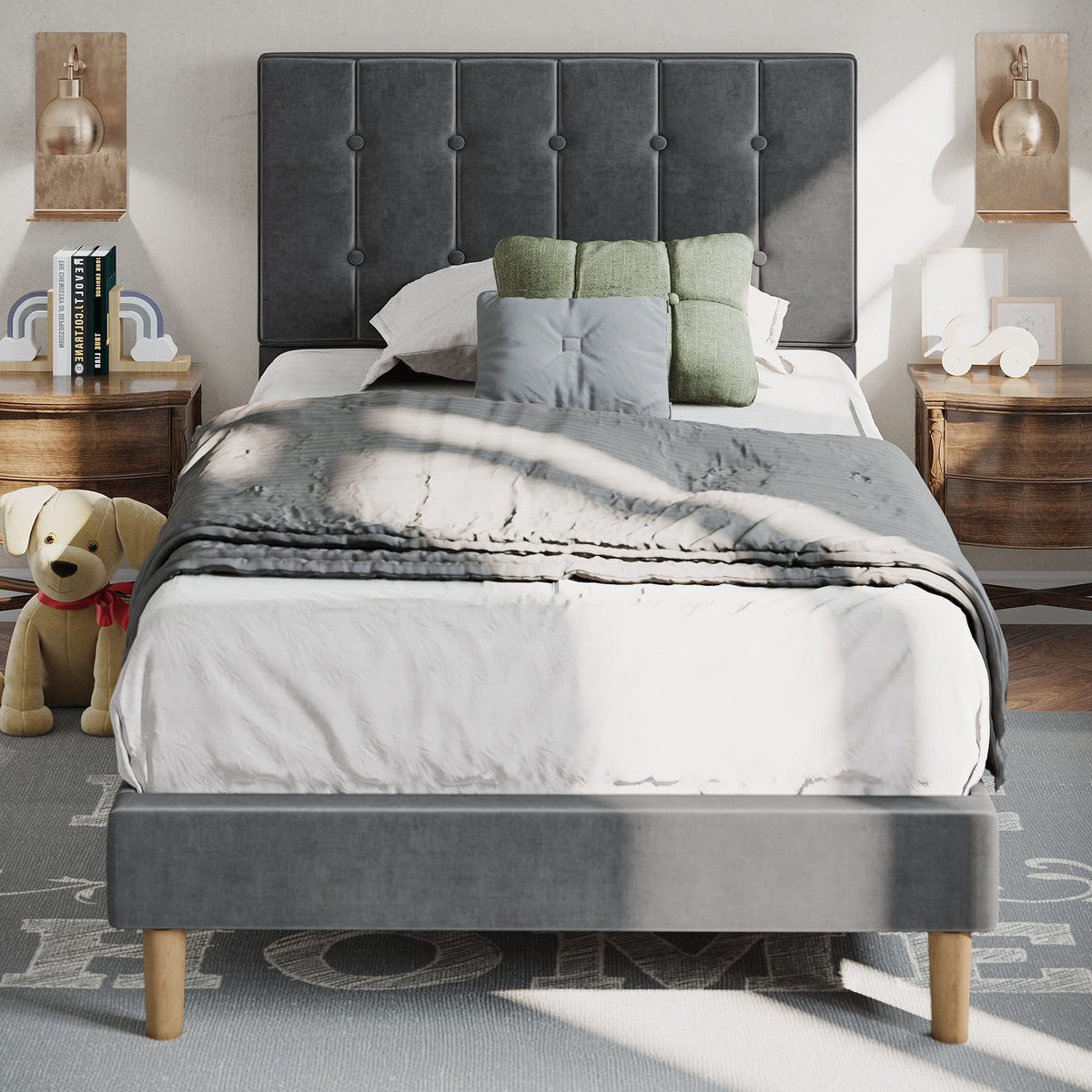 Grey Velvet Upholstered Twin Platform Bed Frame with Headboard R2296