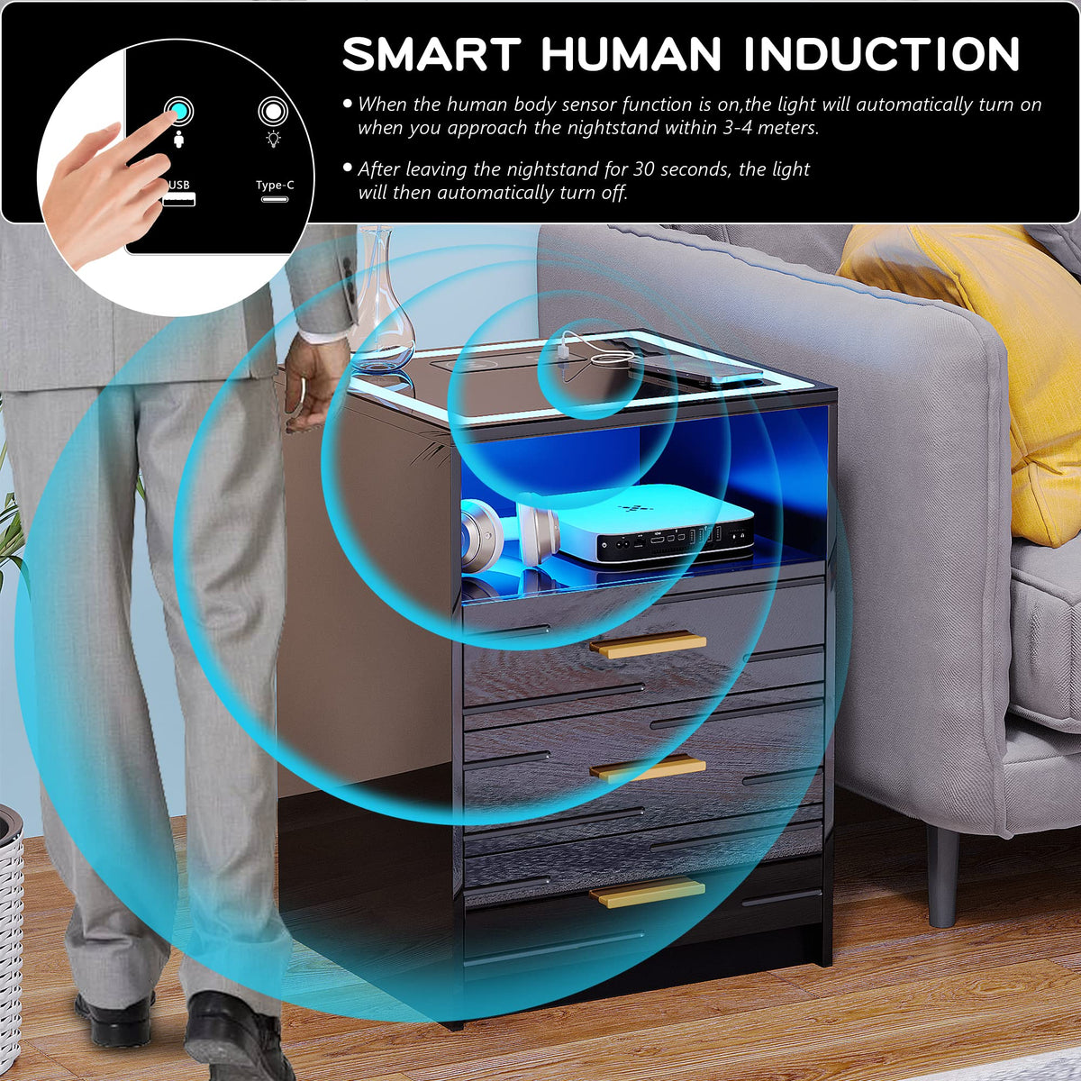 LED Nightstand with Wireless Charging Station, 3 Drawer Bedside Table M81673
