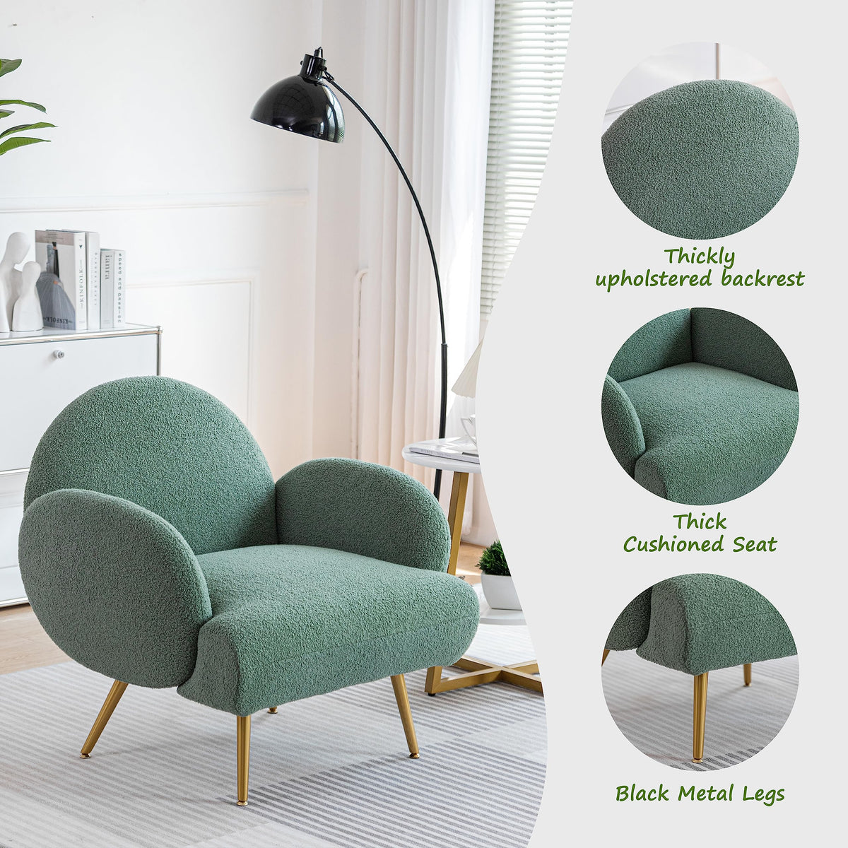 Green Sherpa Accent Chair Set of 2 with Gold Legs T1685