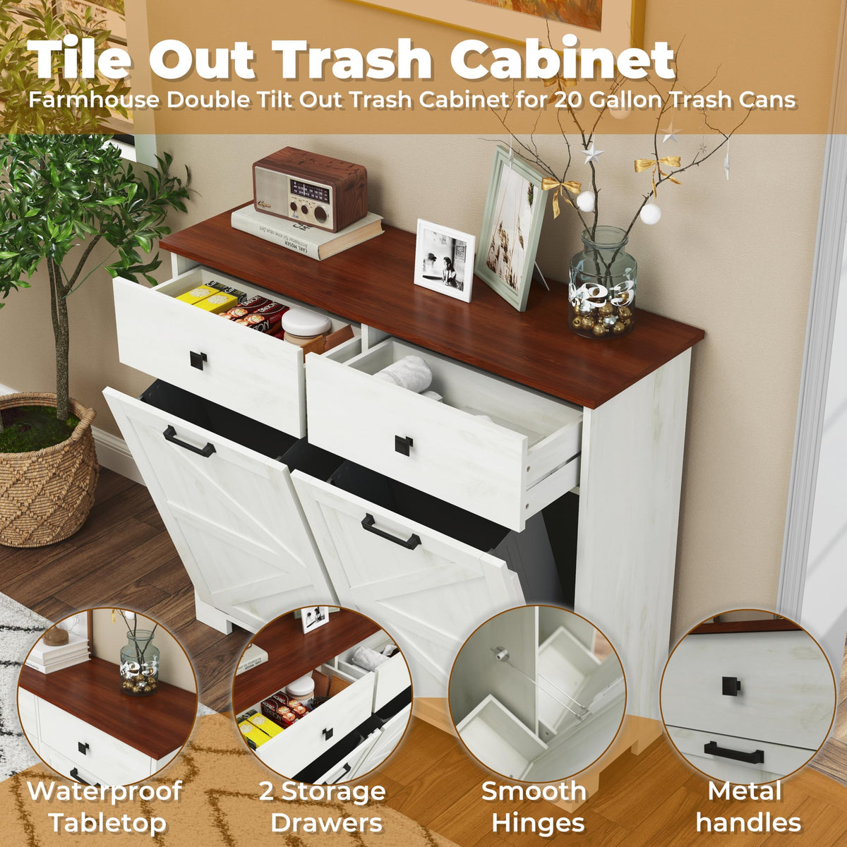 White 20 Gallon Wooden Tilt Out Trash Cabinet C27275