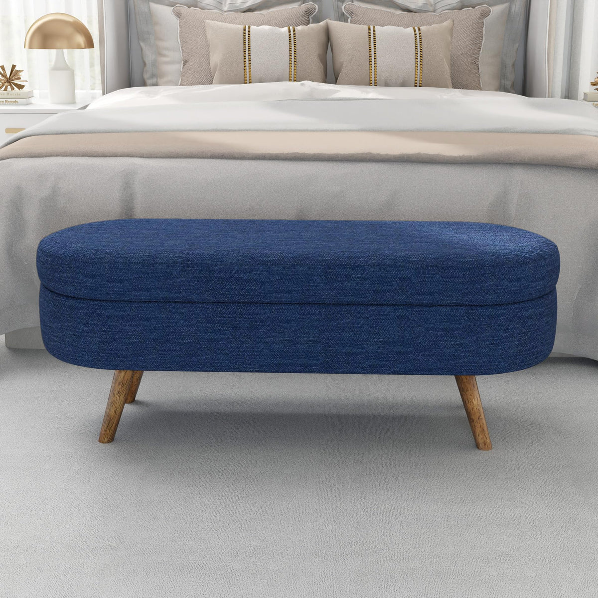 Oval Storage Bench with Rubber Wood Legs, Blue R90962